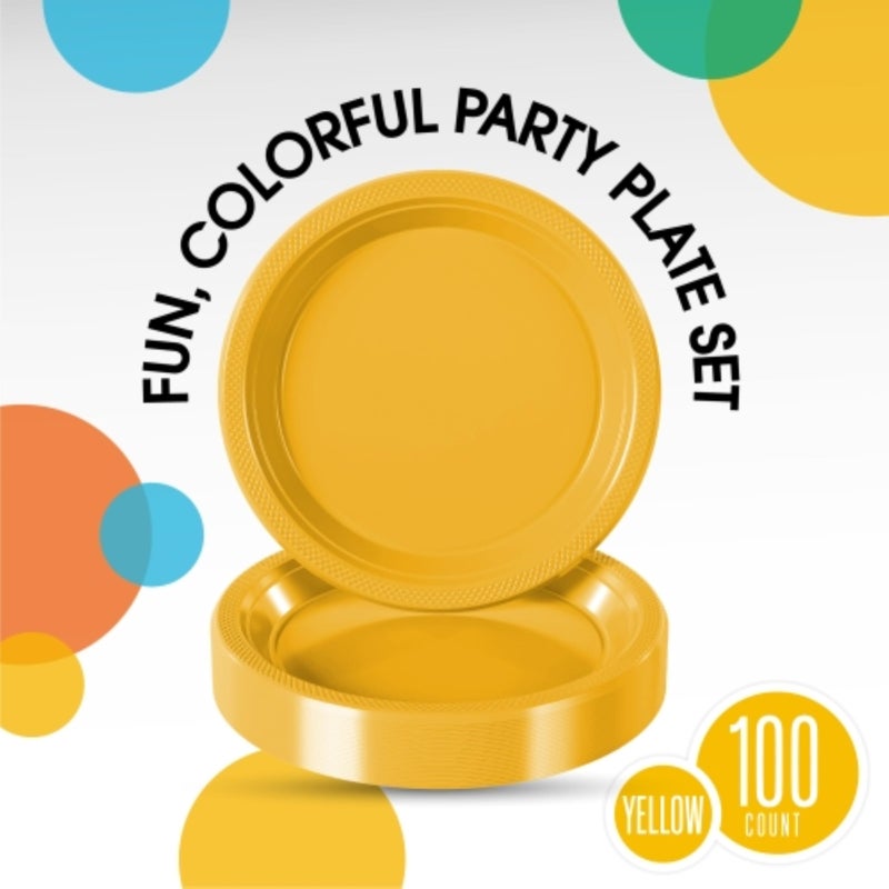 Party Solids أطباق بلاستيكية صفراء صلبة رائعة للحفلات 9" أطباق صفراء قابلة للتصرف 100 قطعة مجموعات أدوات المائدة البلاستيكية الثقيلة 350 جرام لكل متر مربع - Image 2